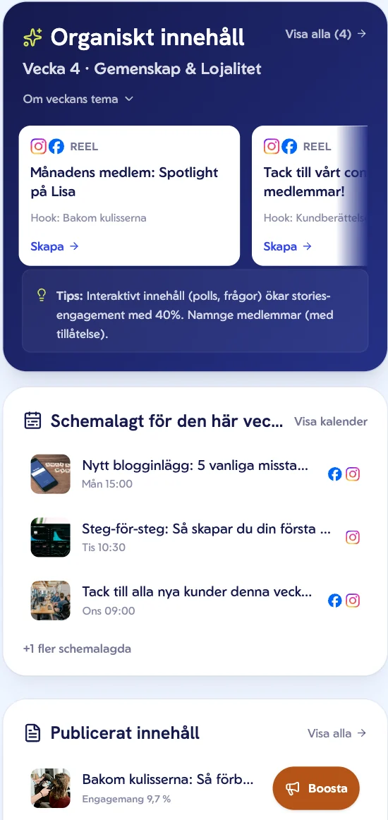 Adcerva i mobilen: veckans organiska innehåll, schemalagda inlägg och publicerat innehåll med en knapp för att boosta