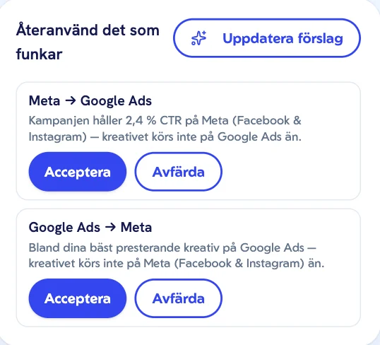 Förslaget Återanvänd det som funkar, med knapparna Acceptera och Avfärda